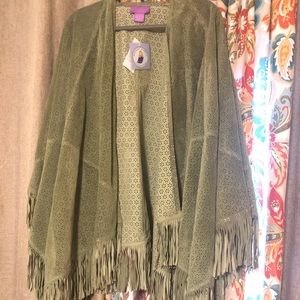 Suzanne Somers real suede  green fringe shawl poncho